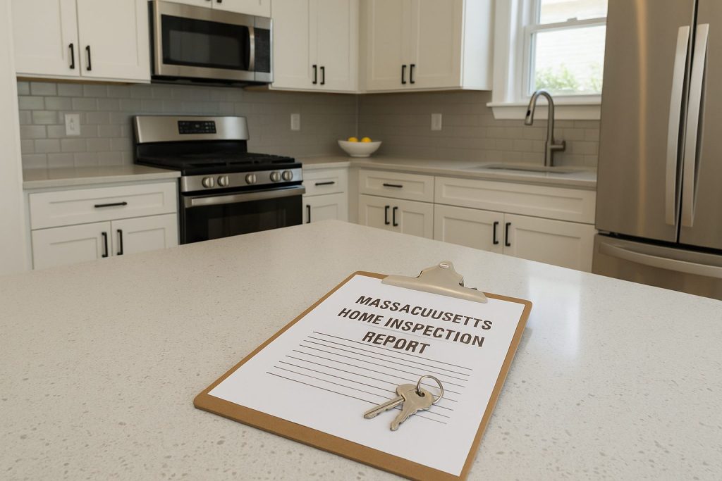 Massachusetts home inspection in progress with clipboard and house keys on kitchen counter