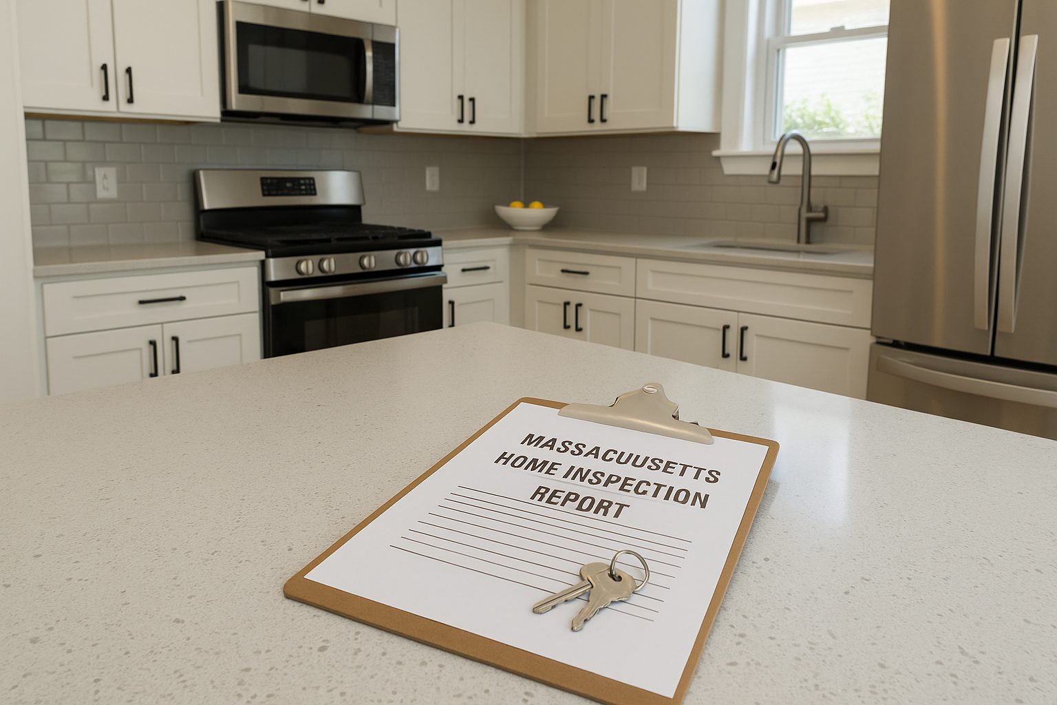 Massachusetts home inspection in progress with clipboard and house keys on kitchen counter