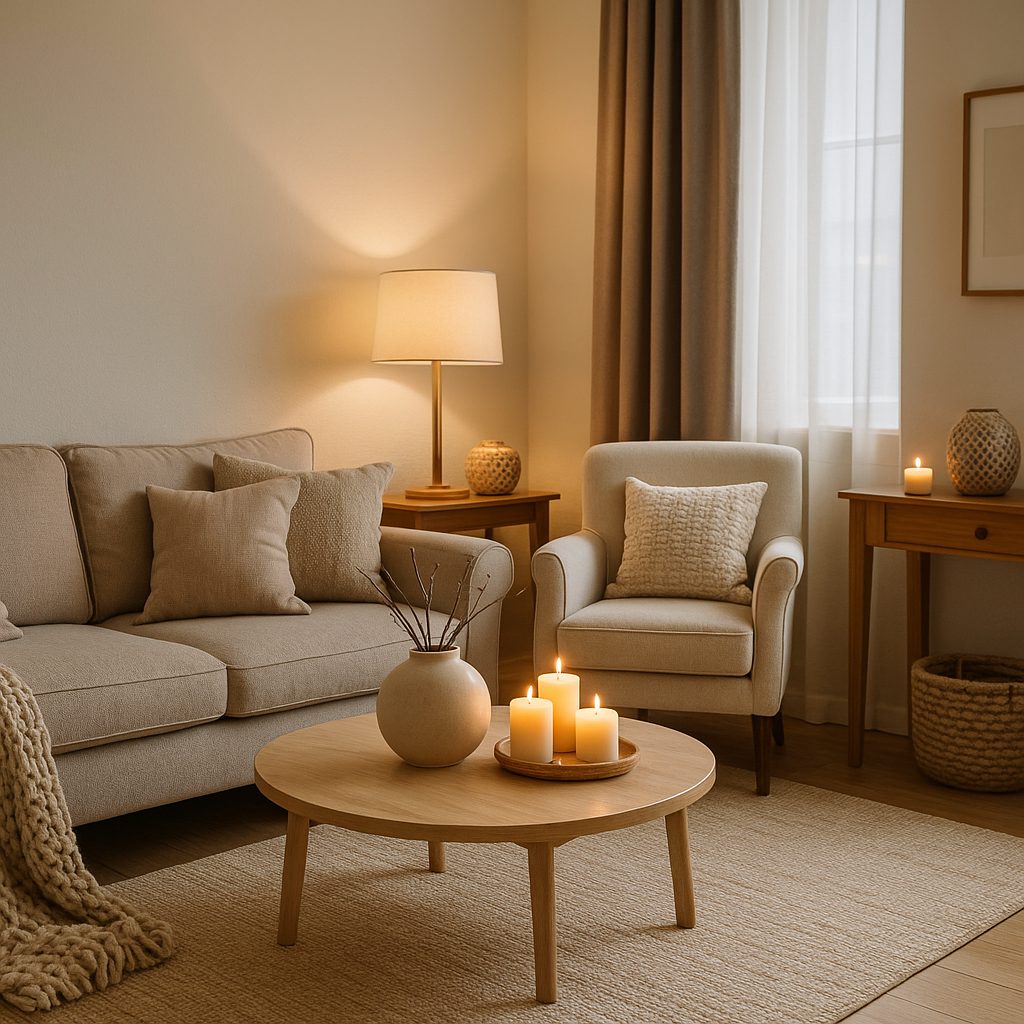 Cozy living room with soft lighting and winter décor, staged for selling your home in winter.