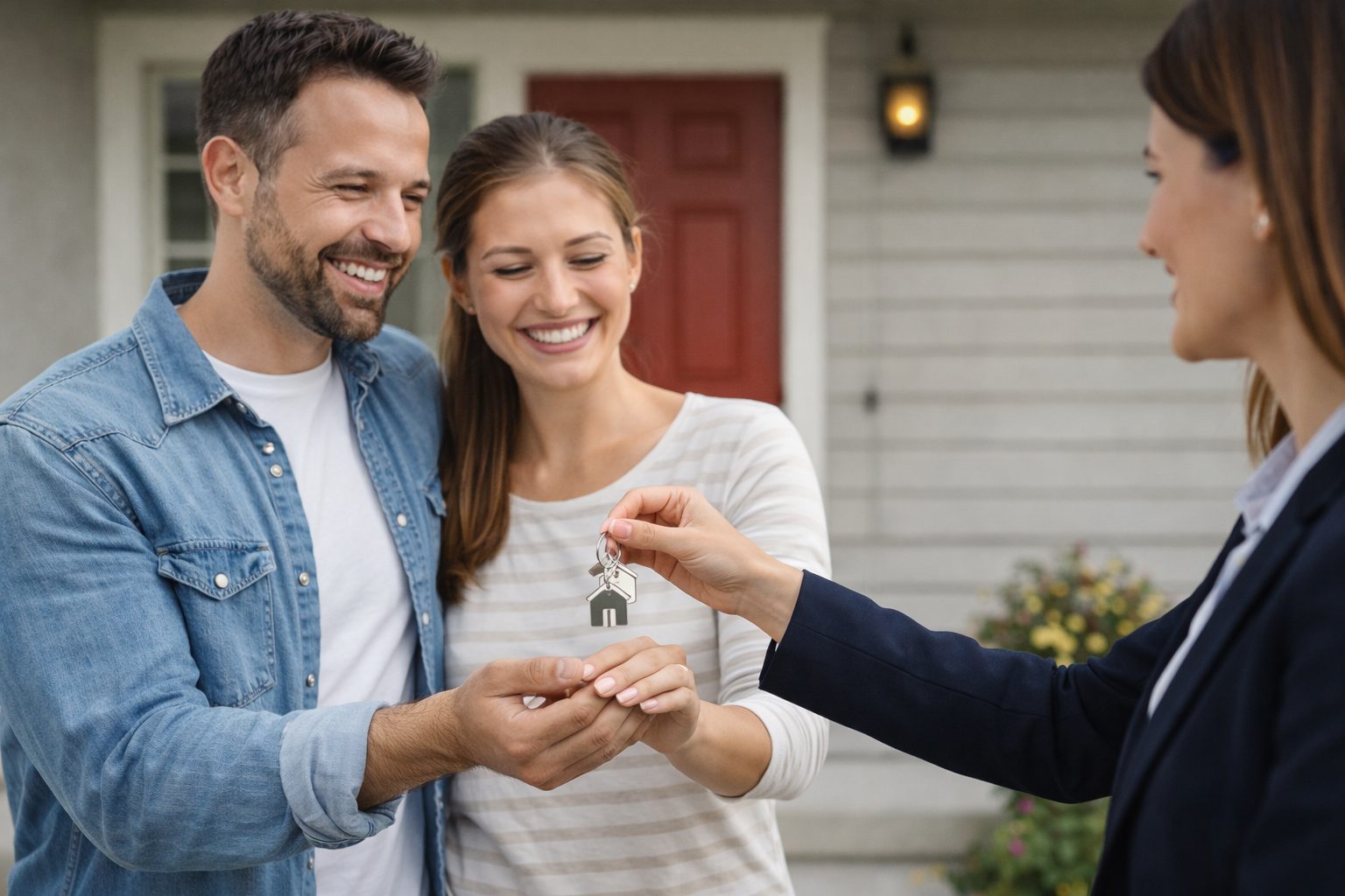 Happy buyers receiving keys to their new home.