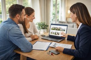 Homebuyers reviewing listings with a real estate agent while planning their home search.