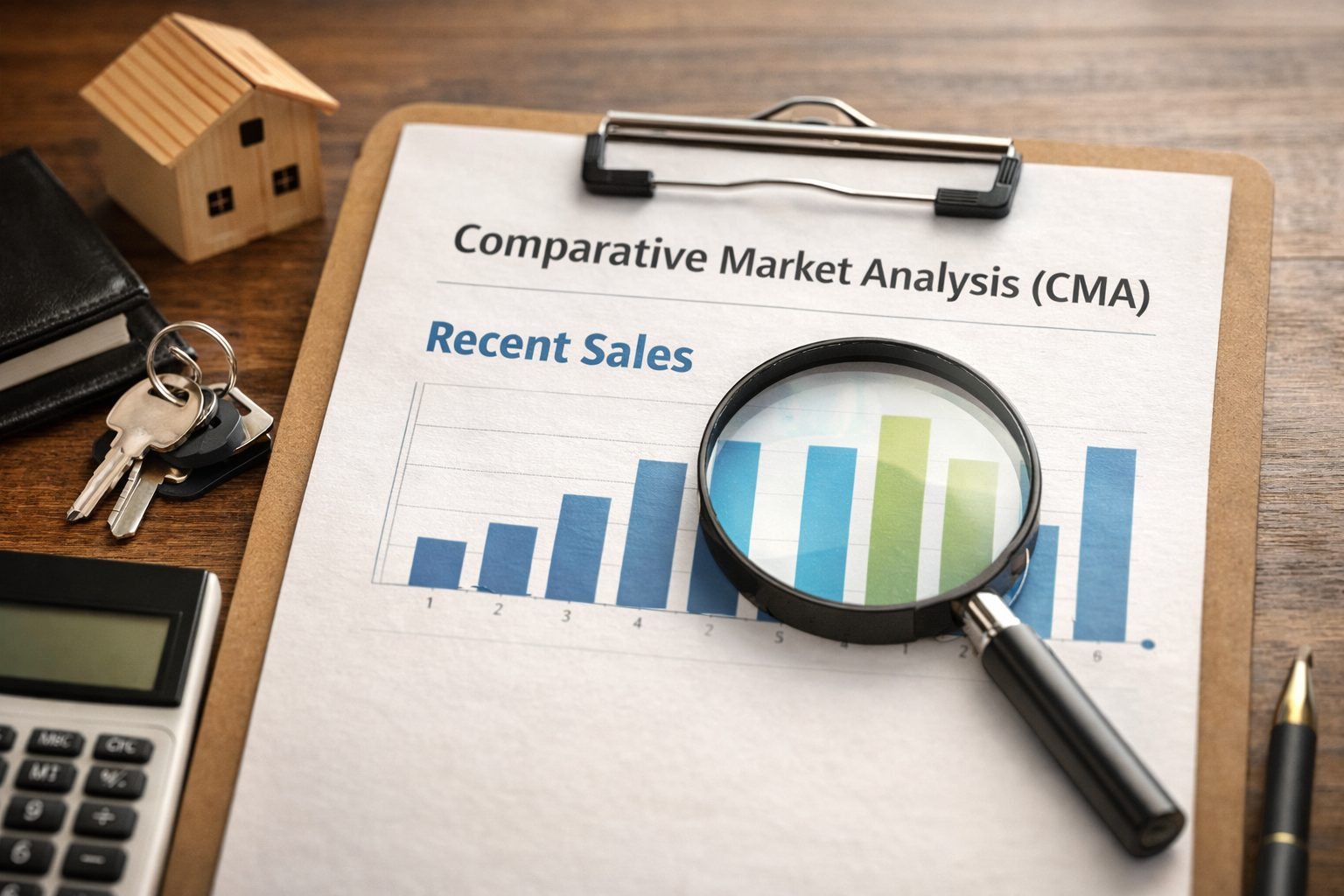 Comparative Market Analysis showing recent home sales with a bar chart highlighted by a magnifying glass on a clipboard.