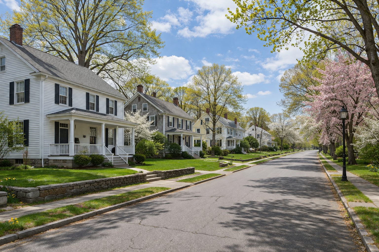 Springtime New England neighborhood with colonial homes, blooming trees, and a quiet residential street